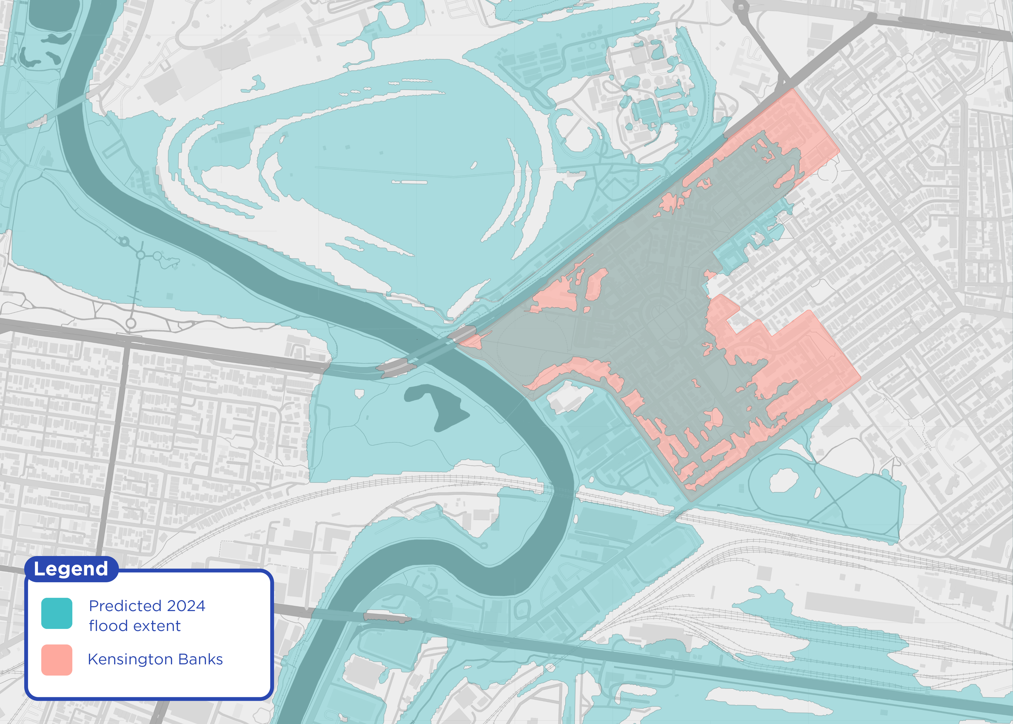 Estimated 1% AEP flood extent at Kensington Banks