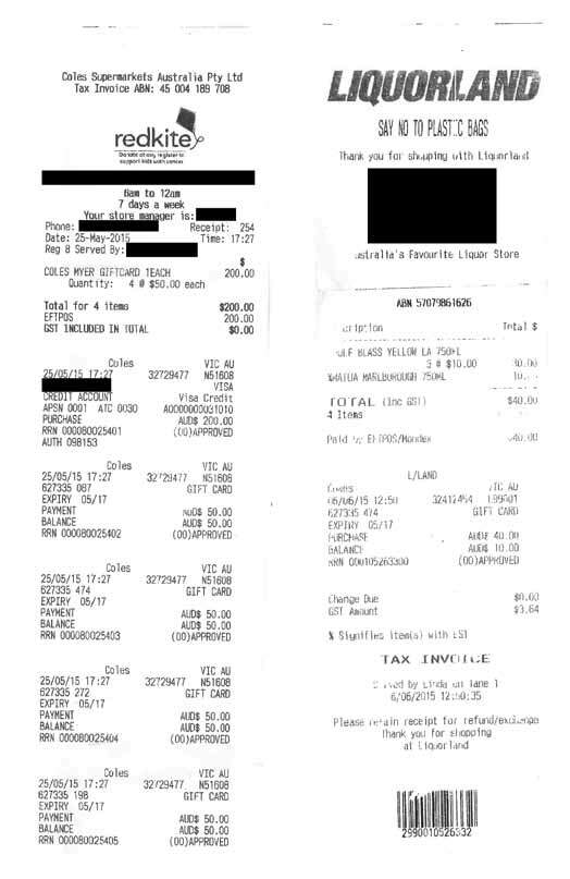 Figure 13: Coles and Liquorland receipts showing purchase of gift card and use of gift card for alcohol, 25 May and 16 June 2015
