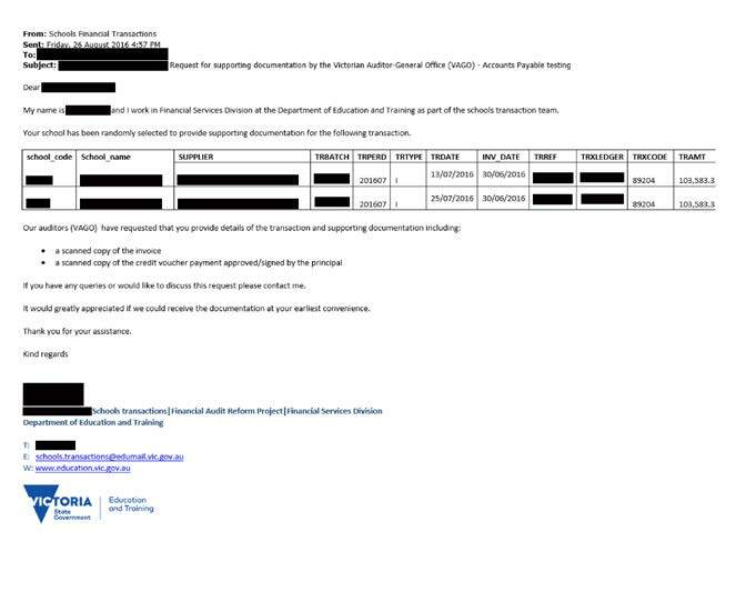 Figure 18: Email from Department of Education Financial Services Division, 26 August 2016