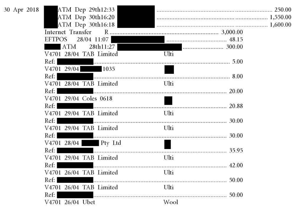 Figure 6: Excerpt from the Principal’s personal bank account records, 30 April 2018