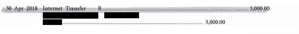 Figure 7: Excerpt from the Principal’s personal bank account records, 30 April 2018