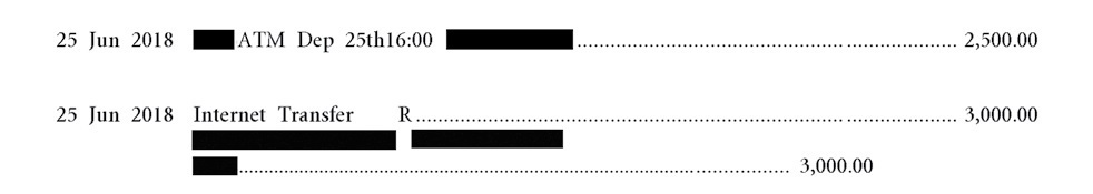 Figure 9: Excerpts from the Principal’s personal bank account records, 25 June 2018